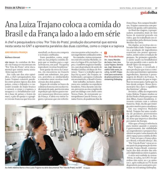 Só se fala disso! 📰 A nossa série “Por Trás do Prato” saiu nos principais veículos de imprensa. A chef @analuizatrajano falou sobre sua inspiração, processo de criação e pesquisa e os desafios de levar esses sabores de uma maneira tão linda para a tela. Já assistiu ao primeiro episódio? Deixe um emoji de comida🍲nos comentários!
E não esqueçam: toda 6a, 22h15, tem episódio novo no @gnt e @globoplay.

#PorTrasDoPrato  #GNT #Globoplay #PelaCozinhaBrasileira #AnodoBrasilnaFrança #AnodaFrançanoBrasil 

Comunicação: @factoriacomunicacao 
@vanessacardosoms 
@daniellacavalcanti